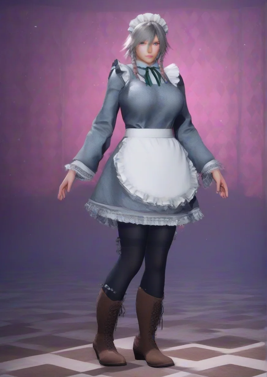 1girl, izayoi sakuya, huge breast, apron, argyle background, black pantyhose, blue eyes, boots, braid, brown footwear, cake, cake slice, closed mouth, doily, dress, food, frilled apron, frilled dress, frilled sleeves, frills, full body, grey dress, grey hair, hair between eyes, knee boots, long sleeves, maid, maid apron, maid headdress, pantyhose, short hair, solo, twin braids, white apron, wide sleeves, 3d,zPDXL3,zPDXLrl<lora:TEKKEN_8:1>