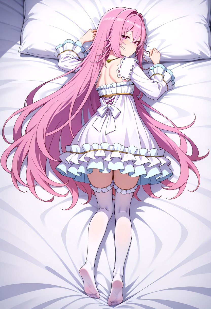 masterpiece,best quality,amazing quality,very aesthetic,absurdres,newest, huge filesize,
<lora:spo_sdxl_10ep_4k-data_lora_webui:0.5>,
<lora:add-detail-xl:1>
<lora:Dakimakura_IL_v1:1> dakimakura,  front view, back view,full body, looking back, 
BREAK
aishia, very_long_hair, pink_hair, hair_between_eyes, hair_intakes, purple_eyes, pink_eyes, frilled_dress, long_sleeves, frills, by_nekoi_(nekoi_0116), flat_chest, jewelry, toes, 1girl, feet, thighhighs, necklace, backless_outfit, soles, looking_back, solo, looking_at_viewer,exhausted, dakimakura
