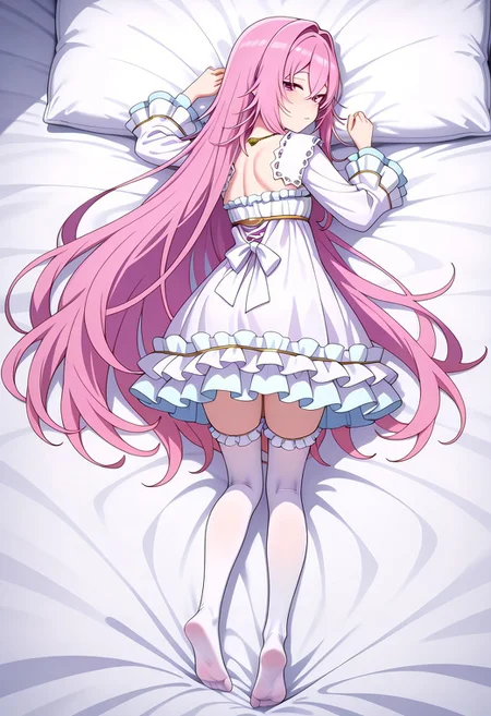 masterpiece,best quality,amazing quality,very aesthetic,absurdres,newest, huge filesize,
<lora:spo_sdxl_10ep_4k-data_lora_webui:0.5>,
<lora:add-detail-xl:1>
<lora:Dakimakura_IL_v1:1> dakimakura, front view, back view,full body, looking back,
BREAK
aishia, very_long_hair, pink_hair, hair_between_eyes, hair_intakes, purple_eyes, pink_eyes, frilled_dress, long_sleeves, frills, by_nekoi_(nekoi_0116), flat_chest, jewelry, toes, 1girl, feet, thighhighs, necklace, backless_outfit, soles, looking_back, solo, looking_at_viewer,exhausted, dakimakura