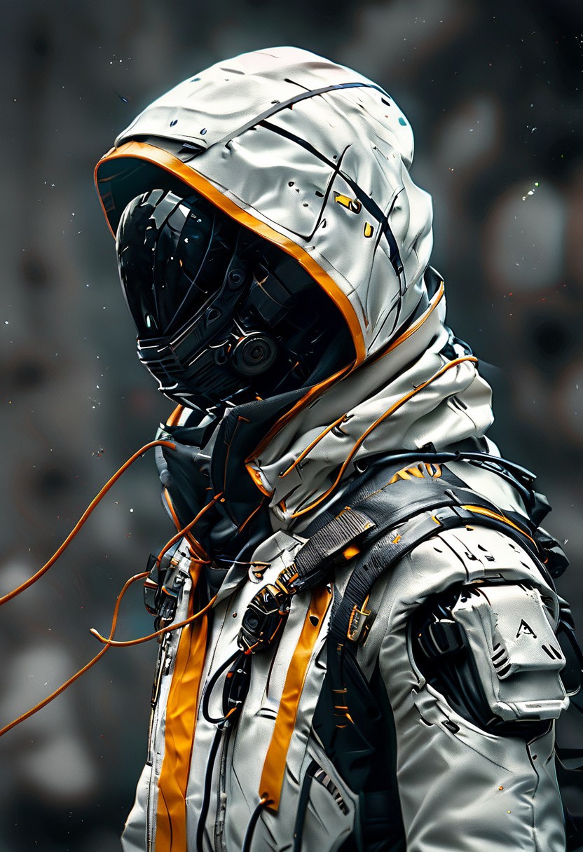 score_9, score_8_up, score_7_up,score_6_up, score_5_up, score_4_up,  BREAK
techwear,  <lora:TechWearPony:0.8>,
, hood, science fiction, solo, upper body, cable,white jacket,robot mask