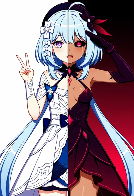cowboy shot,1girl,griseo \(starry impression\),v,split screen,white dress,masterpiece,best quality,absurdres,
corruption,corruption costume,dark skin,cowboy shot,1girl,<lora:nb-corruption-000008:0.5>,black sclera,purple eyeshadow,tattoo,griseo \(starry impression\),salute,crying with eyes open, masterpiece,best quality,absurdres,, <lora:dmd2_4_steps_color_fix:1>,