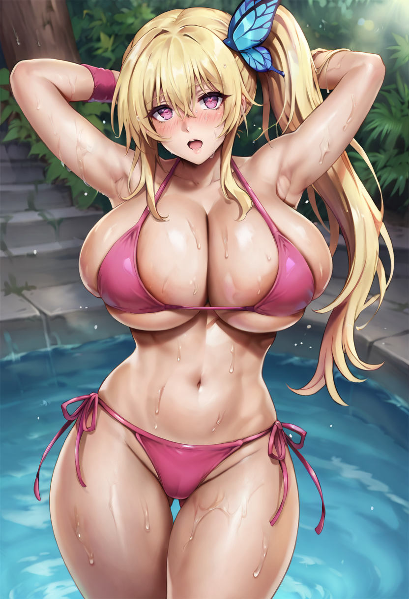 score_9, score_7_up,  1girl, 
huge breasts, wide hips, thick thighs, open mouth, heart-shaped pupils, wristband, symbol-shaped pupils, blush, looking at viewer, pink eyes, breasts, bikini, hair ornament, cleavage, skindentation, hair between eyes, wet, pink bikini, bursting breasts, blonde hair, arms behind head, butterfly hair ornament, solo, heart, sidelocks, side ponytail, long hair, thighs, navel, undersized clothes, side-tie bikini bottom, swimsuit
 <lora:cyclone_(reizei)-Style-PonyXL-GLoRA-000045:1>