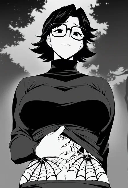masterpiece, best quality, <lora:age_slider_v4:4>,detailed_background,outdoors,breasts,glasses,shirt lift,solo,black hair,sweater,tattoo,monochrome,1girl,stomach tattoo,turtleneck,spider tattoo,black-framed eyewear,furrowed brow,large breasts,smile,cowboy shot,podrace explode,shizuku murasaki,looking down,eyelashes,hunter x hunter,turtleneck sweater,short hair,navel,open mouth,black sweater,highres,long sleeves,clothes lift,looking at self