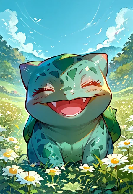 score_9, score_8_up, score_7_up, (source_anime, rating_safe), solo,  (zzBulbasaur, chibi body), (eyes closed, wide smile, open mouth), (meadow, flowers, Windy), (detailed image, high resolution, 5k resolution:1.0), (chibi art style:1.1)