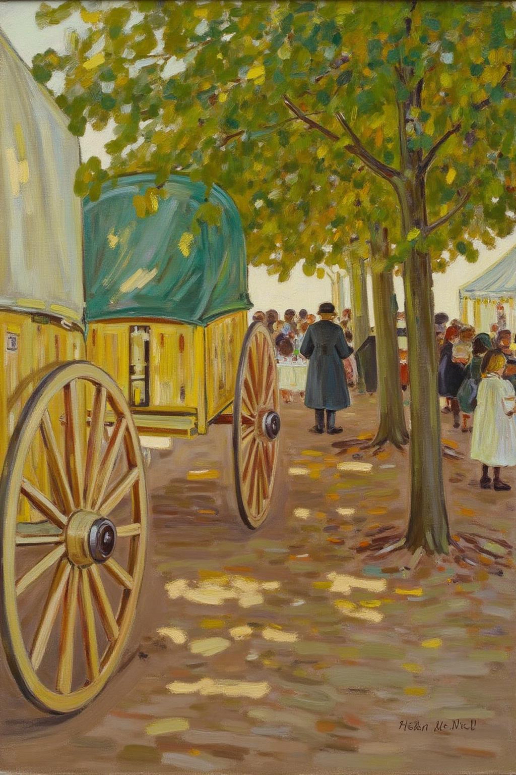 helenmcnicoll2 painting.
A bustling outdoor scene in a marketplace. On the left, a large wooden wagon with a green canopy and wooden wheels is partially visible. There are trees on the right and a large crowd in the background.
 <lora:helenmcnicoll2_cap_d6a3:1.0><lora:838468313286915290:0>