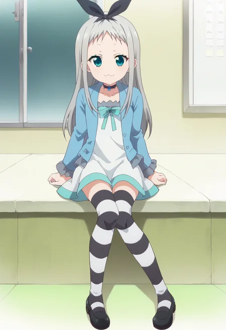 score_9, score_8_up, score_7_up, score_6_up, score_5_up, score_4_up , anime coloring ,BREAK source_anime, anime,best quality, masterpiece,good_hands, <lora:pony_good_hands:1>,
1boy, solo, hideri, long hair, white dress, skirt, bow, ribbon, aqua eyes, black hairbow, grey hair, male focus, choker, striped, zettai ryouiki, cosplay, otoko no ko, striped thighhighs, blue jacket, open jacket, <lora:PonyXL Hideri V2:1>
looking at viewer, smile, :3,
indoors, sitting,
looking at viewer, full body,