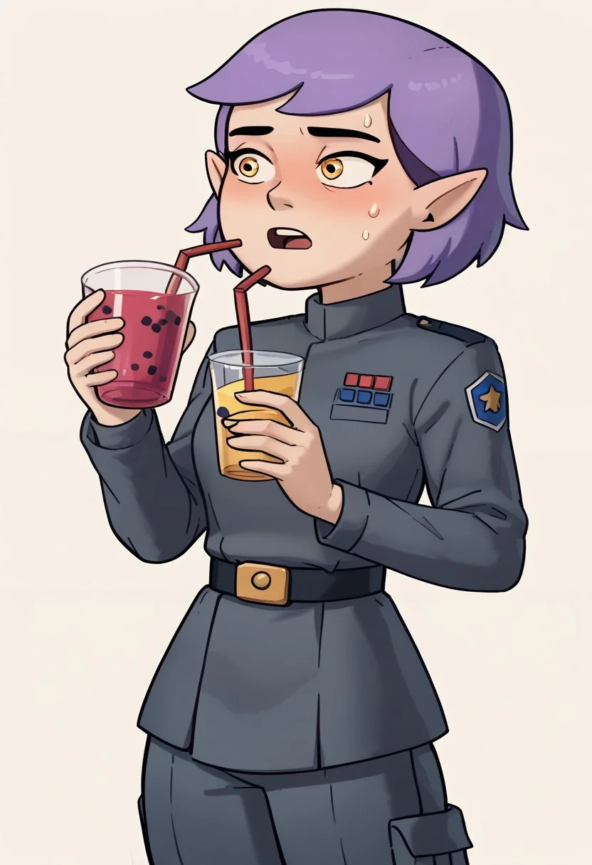score_9, score_8_up, score_7_up, relatedguy, solo, cowboy shot, holding a drink in one hand, straw in cup, amity blight, pointy ears, yellow eyes, purple hair, short hair, Imperial officer wearing a grey uniform, open mouth, blush, face sweat, ((avoiding eye contact)), ((looking to the side)), (((blank background, one colour background)))