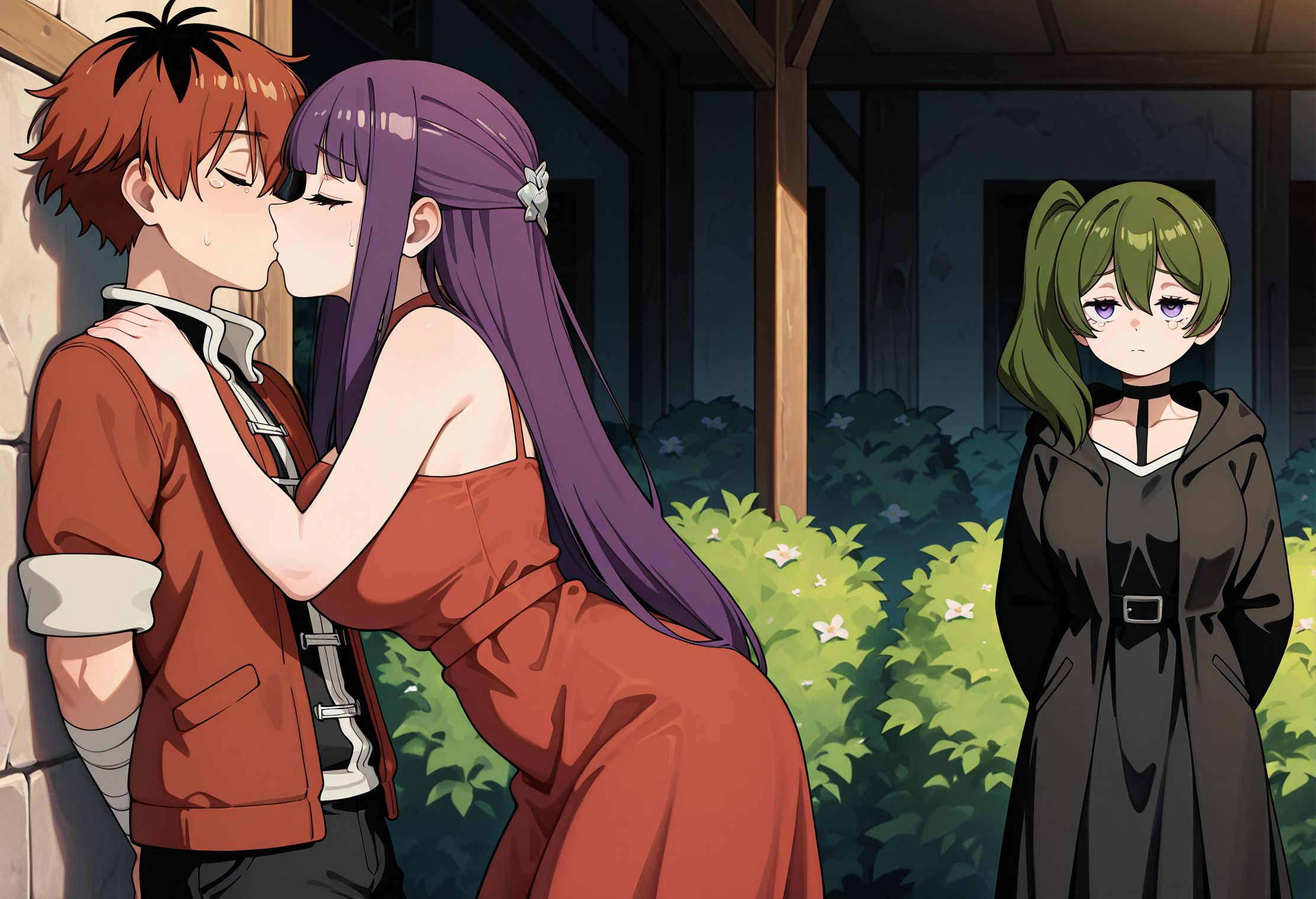 masterpiece,best quality,amazing quality,very aesthetic,absurdres,newest,huge filesize,
<lora:spo_sdxl_10ep_4k-data_lora_webui:0.5>,
<lora:add-detail-xl:1>  anime coloring,uncensored,
<lora:Forced_to_Watch_NTR:1>Forced_to_Watch_NTR,
only 3preson,
2girls,1 boy,hetero, 
kiss, looking at another, 
bush,
boy kiss girl ,
closed eyes,
forced to watch, 
(one girl  standing at background is looking at couple kissing, sad, tearing up), 
BREAK
red dress ,
stark \(sousou no frieren\), 
BREAK
ubel \(sousou no frieren\), 
BREAK
fern \(sousou no frieren\),