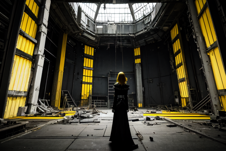 highly insanely detailed, masterpiece, top quality, best quality, highres, 4k, 8k, RAW photo, (very aesthetic, beautiful and aesthetic),  
tsutomu nihei,nihei_tsutomu,blame!,blame gakuen!,abara,TNstyle,sidonia_no_kishi,(mausoleum,lab,megastructure in background,hangar,sidonia \(ship\),deep horizon,tower,city ruins),ventilation fan,ventilation shaft,blm,open space,dark background,no human,dystopia,destroyed, 
<lora:ABARA:0.5>, 
(1girl:1.3), 
solo focus, 
downtown,city,(pure yellow background,transparent background:1.2),âââ