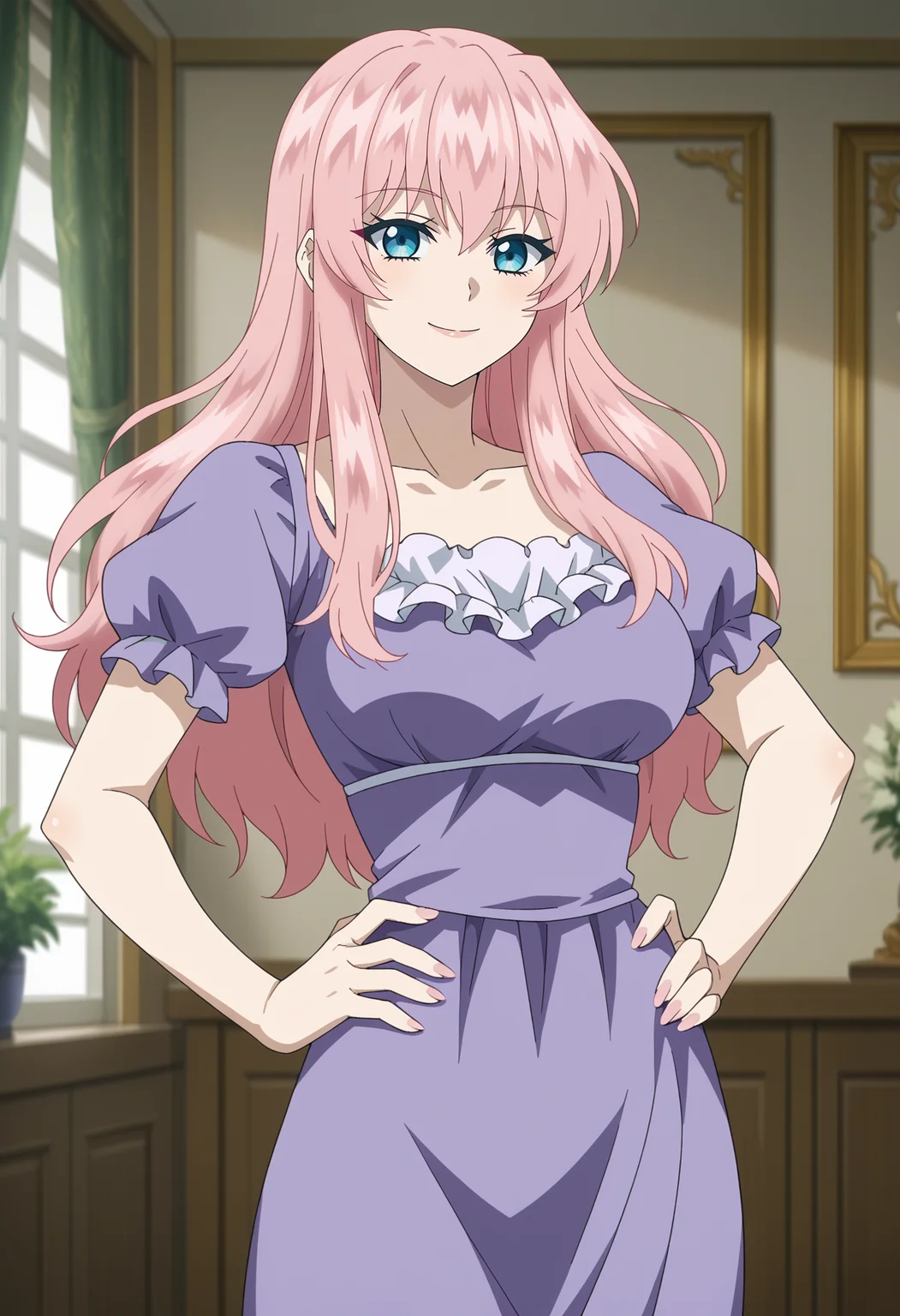 <lora:Rishe_Irmgard_Weitzner-7th_Time_Loop:0.8>,Rishe,1girl,solo,pink hair,long hair,blue eyes,breasts,purple dress,looking at viewer, smile,hand on own hip, indoors