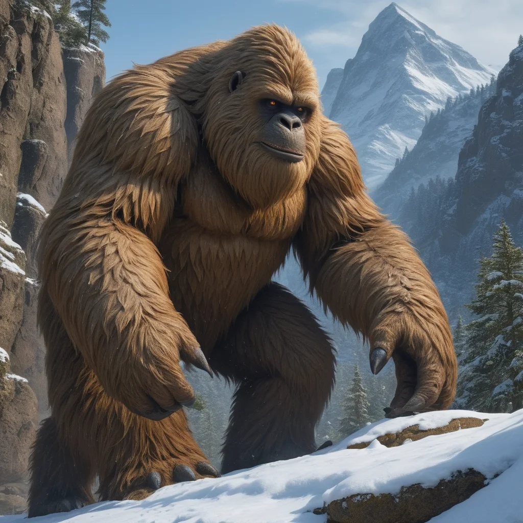 y371 brown fur, snowy mountain<lora:YetiXL:.9>, (masterpiece, intricate:1.3)
