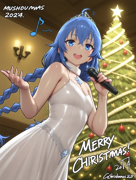bright face, large pupil, eyelashes, brilliant skin, shiny skin, 1girl, roxy migurdia \(mushoku tensei\), blue eyes, blue hair, ahoge, earring, tiara, mature female, gorgeous, luxurious, winter dress, indoors, cowboy shot, looking at viewer, look up, smile, round teeth, Merry Christmas!, musical note, music effect, bloom, singing, dim lighting, Christmas tree, snow crystal,