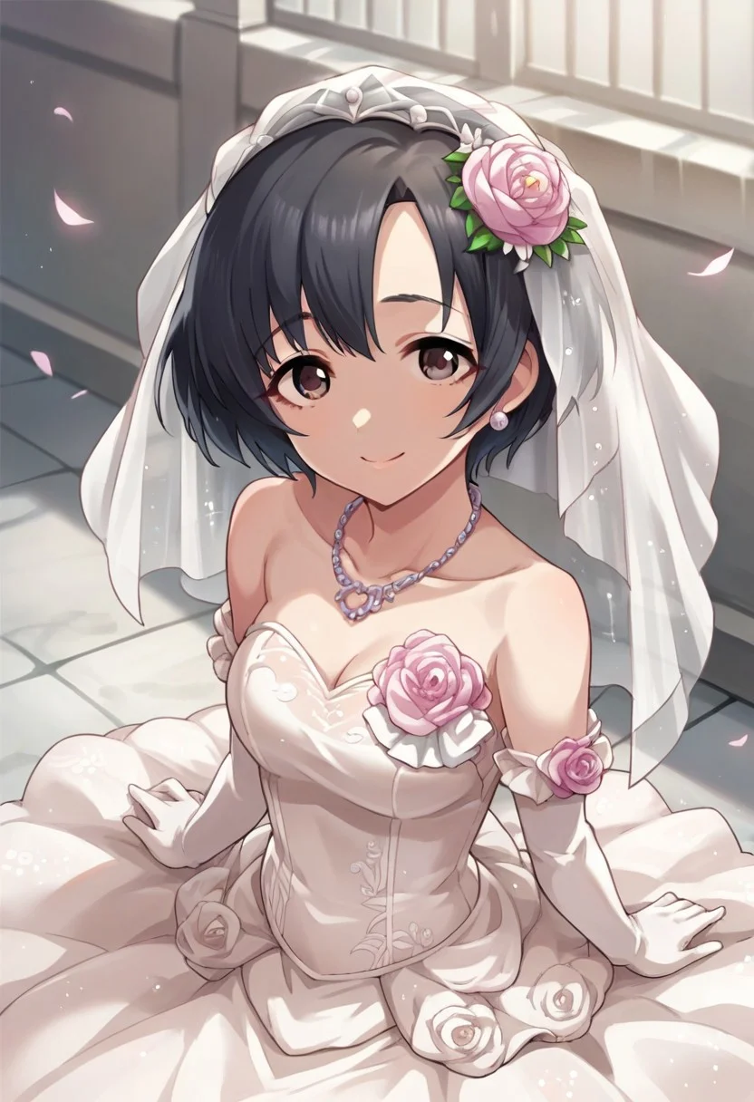 score_9, score_8_up, score_7_up, source_anime, shiragiku hotaru, short hair, black hair, brown eyes, 1girl, solo, gloves, dress, jewelry, flower, wedding dress, veil, necklace, elbow gloves, smile, looking at viewer