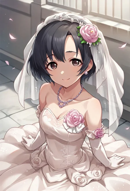 score_9, score_8_up, score_7_up, source_anime, shiragiku hotaru, short hair, black hair, brown eyes, 1girl, solo, gloves, dress, jewelry, flower, wedding dress, veil, necklace, elbow gloves, smile, looking at viewer