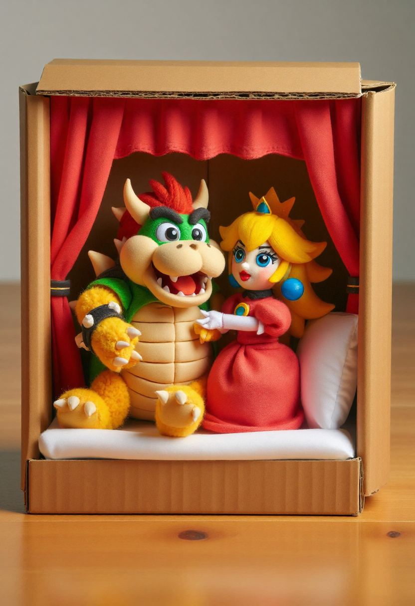 <lora:Finger_Puppet_Theater_FLUX-000013:1>
The image is a photograph of a whimsical, handcrafted diorama featuring  Bowser and Princess Peach cuddling together in bed, featuring a cardboard box set up as a stage.