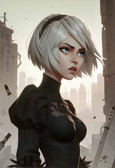 score_9, score_8_up, score_7_up, score_6_up, 1girl, 2b, nier automata, outfit, black dress, blue eyes, in action, city, ruins, strong wind, upper body
