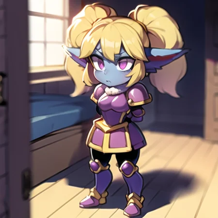 poppy, twintails,blue skin,furry,fluffy ears,yordle,shortstack,1girl,room,blonde hair,standing up,armor,purple eyes,arms wide,hands,breasts