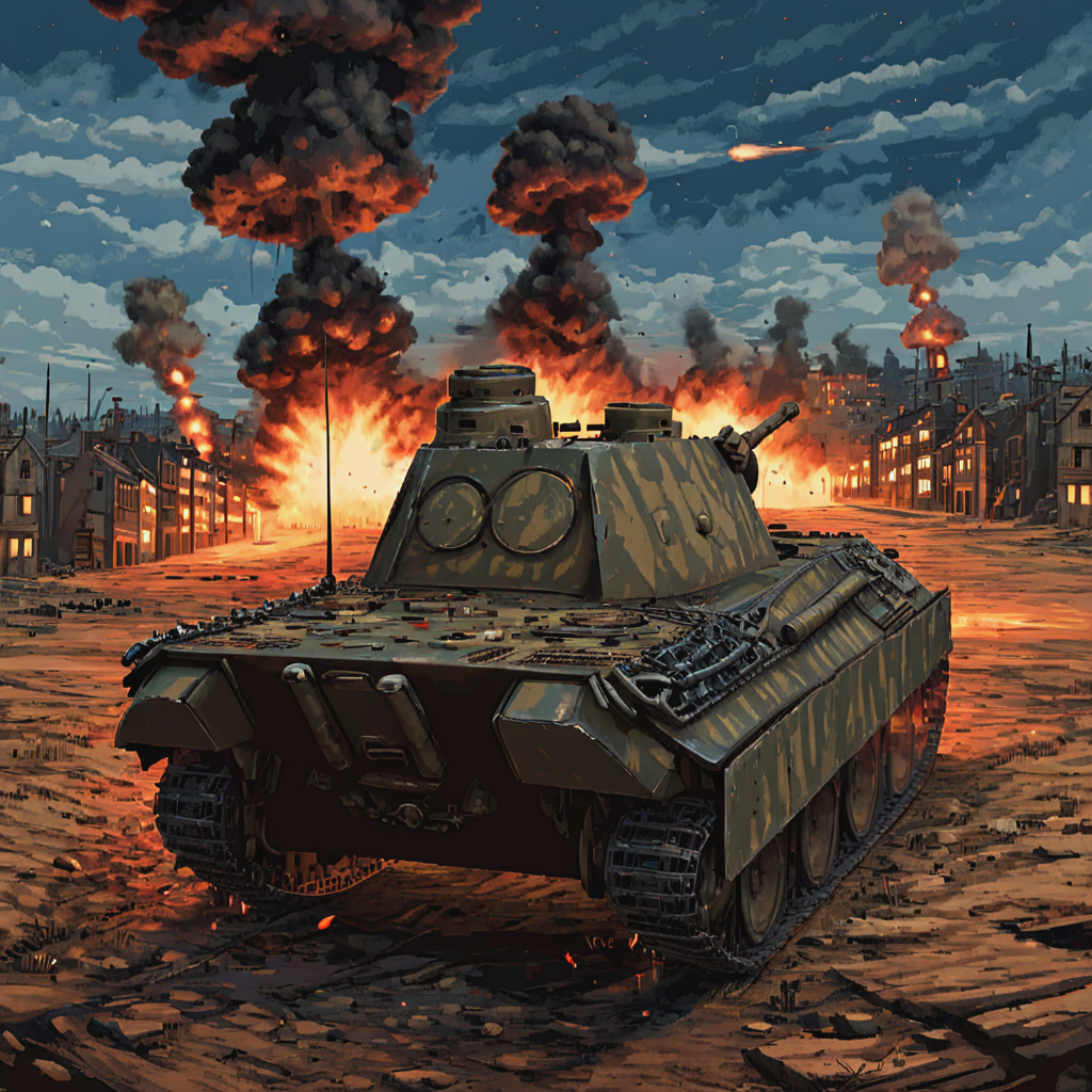 A pnthrtnk tank participates in a nighttime operation on the Eastern Front, illuminated only by the light of flares and burning villages in the distance. The tension of night combat is palpable, with the tank's crew alert to the sounds of approaching Soviet armor  ((pulp_comic, heavy_lines, hand_drawn, hand_inked, hand_colored, perfect_face, apxlz))