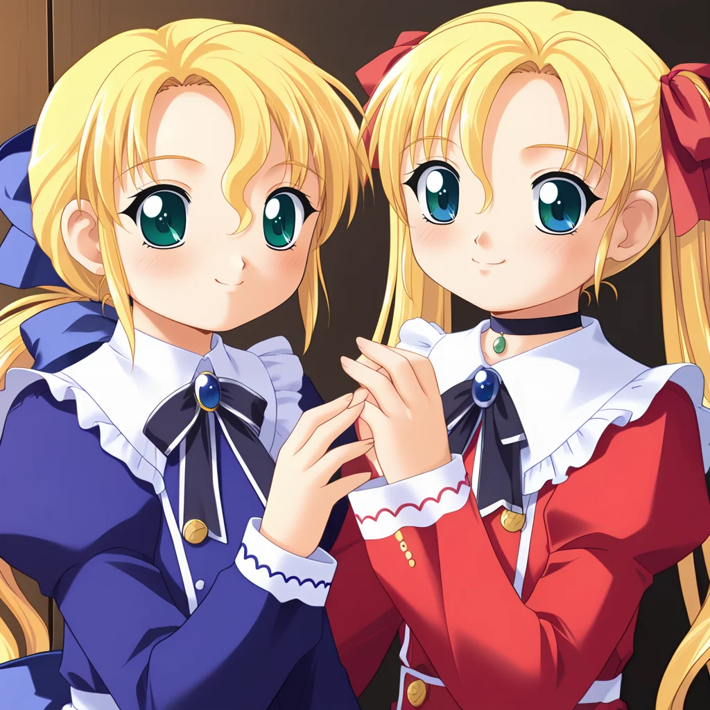 score_9, score_8_up, score_7_up, source_anime,
2girls, mature female,
cheek-to-cheek,
simple background, white background,
ADDBASE
2girls, fifthena, green eyes, blonde hair, long hair, ponytail, sidelocks, ribbon, hair ribbon, blue ribbon,
blush, smile, looking at viewer,
dress, blue dress, frills, long sleeves,
cheek-to-cheek
ADDCOL
2girls, fifthrina, blue eyes, blonde hair, long hair, twintails, ribbon, hair ribbon, red ribbon,
blush, smile, looking at viewer,
dress, red dress, frills, long sleeves, choker,
cheek-to-cheek
<lora:FifthTwin_AileStyle_sdxl-pony-v010_XLOUTA:0.9>