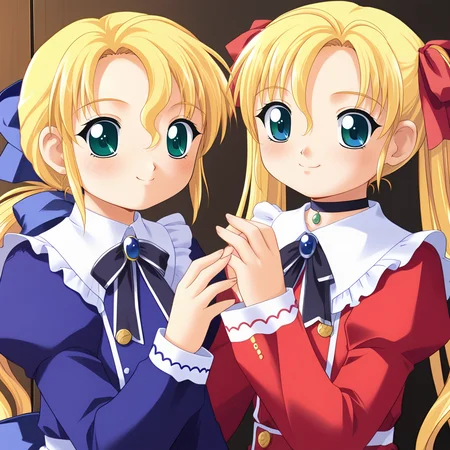 score_9, score_8_up, score_7_up, source_anime,
2girls, mature female,
cheek-to-cheek,
simple background, white background,
ADDBASE
2girls, fifthena, green eyes, blonde hair, long hair, ponytail, sidelocks, ribbon, hair ribbon, blue ribbon,
blush, smile, looking at viewer,
dress, blue dress, frills, long sleeves,
cheek-to-cheek
ADDCOL
2girls, fifthrina, blue eyes, blonde hair, long hair, twintails, ribbon, hair ribbon, red ribbon,
blush, smile, looking at viewer,
dress, red dress, frills, long sleeves, choker,
cheek-to-cheek
<lora:FifthTwin_AileStyle_sdxl-pony-v010_XLOUTA:0.9>