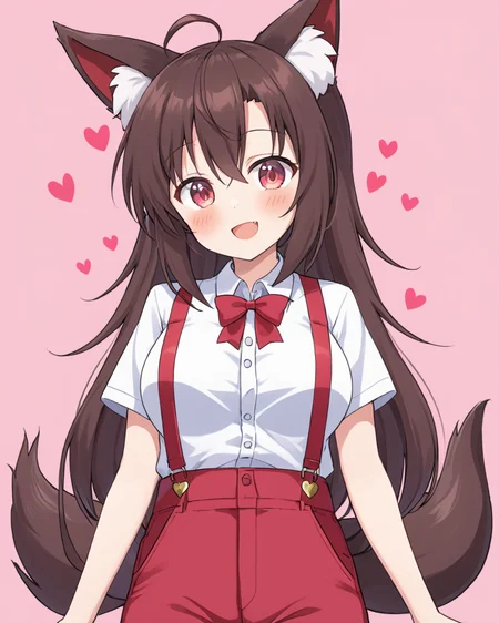 imaizumi kagerou,1girl, solo, cosplay, suspenders, open_mouth, white_shirt, looking_at_viewer, short_sleeves, ofuda_on_clothes, smile, blush, wolf_tail, bow, collared_shirt, heart_background, pink_background, red_pants, cowboy_shot, medium_breasts, standing
<lora:imaizumi_kagerou_image5677_2023-12-20-000008:1>,star-shaped_pupils,symbol-shaped_pupils,. gorgeous,key visual, vibrant, studio anime,award-winning, professional, highly detailed,high budget, cinemascope