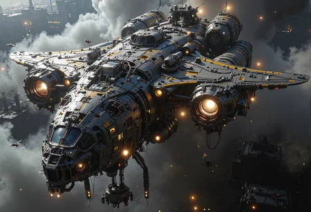 cinematic photo . sleek design. ultra high resolution, masterpiece, best quality. A powerful and awe-inspiring sci-fi military troop transport, designed with the sleek and robust aesthetics of a bumblebee. The massive ship features a rounded, segmented body with layered armor plating in shades of gunmetal gray and matte black, accented with faint yellow warning stripes. Its dual engines, resembling the wings of a bumblebee, are large and slightly translucent, pulsating with a faint bluish glow as they emit a deep hum. The cockpit is a sharp, angular protrusion at the front, equipped with reinforced glass and surrounded by sensor arrays. The underside of the craft houses a large, armored hatch for troop deployment, flanked by glowing lights and hydraulic mechanisms. The transport hovers in a smoky, industrial atmosphere, its imposing silhouette cutting through the mist, as small drones buzz around it like worker bees attending their queen. The scene exudes a sense of raw power, functionality, and organic inspiration, blending nature with cutting-edge military technology. <lora:flux.1_lora_flyway_Epic-detail_v2.safetensors:0.3>, <lora:black_fantasy.safetensors:0.7>, <lora:ck-skynet-000019.safetensors:0.7>, <lora:aiai-Glimra-Flux-Dev-v2.safetensors:0.5>, <lora:Dieselcore_Flux.safetensors:0.05>, <lora:NotTheRealWorld-v55-000010.safetensors:0.4>, . 35mm photograph, film, bokeh, professional, 4k, highly detailed