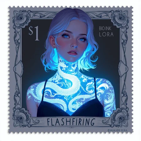 <lora:ck-postage-stamps-000013:1>, a_ck_postage_stamp_craft, a postage stamp featuring a woman with glowing blue dragon tattoo, titled "BIO INK LORA" in large text at the top. A "$1" text is located in the top left corner. The stamp is rectangular. The text "FLASHFIRING" is printed at the bottom.
<lora:BioInk2FLUX:0.75>