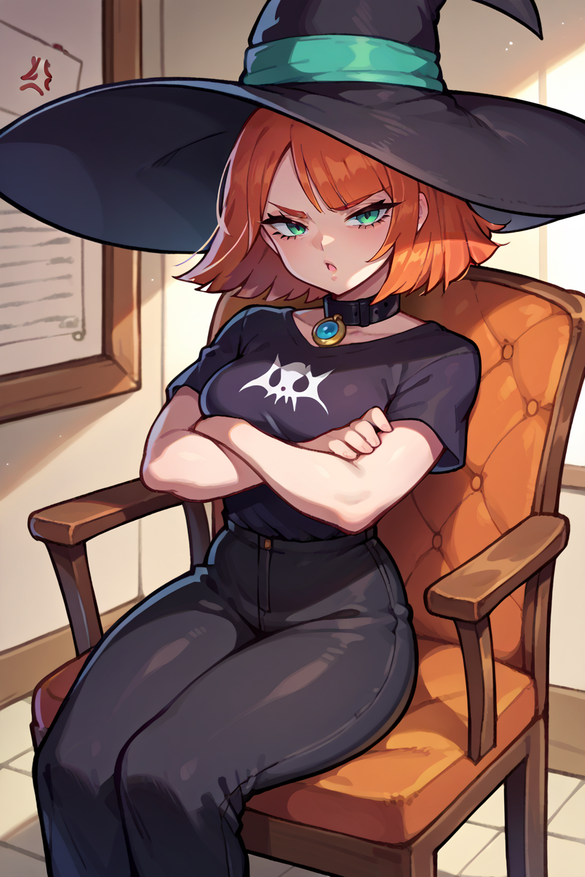 score_9, score_8_up, score_7_up, score_6_up, source_anime, BREAK 1girl, solo, <lora:dq3mage-pdxl-nvwls-v1-000005:1> dq3mage, orange hair, short hair, witch hat, black t-shirt, black pants, black collar, sitting, crossed arms, looking at you, chestnut mouth, annoyed, chair, indoors