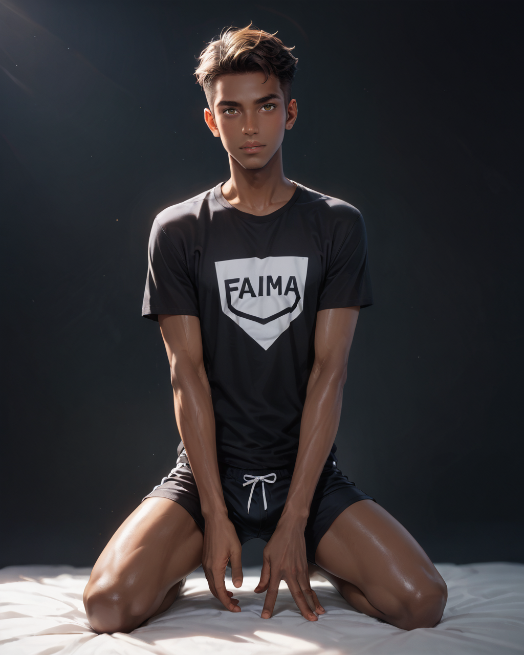 score_9, score_8_up, score_7_up, score_6_up, score_5_up, score_4_up, rating_questionable, 
<lora:KC-1:0.5>, dramatic lighting, glistening skin,
intricately detailed, photo studio with black backdrop, black background,
1boy(human, glistening skin, handsome, sexy, seductive, posing, looking at the viewer, friendly expression, kneeling,
black skin, african, 
twink, slender, 
loose t-shirt, shorts),
depth of field, 
<lora:xl_more_art-full_v1:0.4>,
<lora:add-detail-xl:0.4>