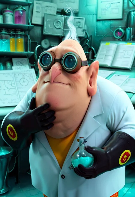 masterpiece, absurdres, newest, highest quality, semi-realistic, highly detailed, 1boy, solo, fat, fat chin,  sharp nose, Nefario, maddoc, ggls, lbct, gloves, goggles, holding beakers, laboratory, chemistry, detailed background