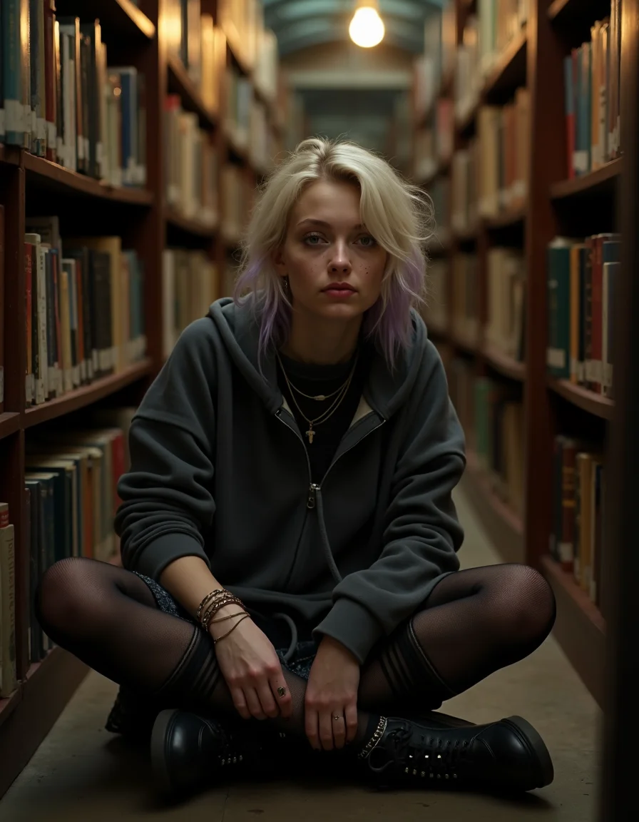 Inside the back corner of an old independent bookstore, lit only by warm table lamps and dusty skylight haze, a beautiful blonde American emo woman sits cross-legged between rows of tightly packed shelves. Sheâs dressed in an oversized charcoal-gray hoodie layered over a netted black undershirt, with one sleeve pushed up to reveal mismatched bracelets and inked doodles on her wrist. Her lower half is wrapped in a black denim miniskirt over laddered black-and-white striped tights, ending in chunky lace-up boots with silver hardware. Her blonde hair with lavender dip-dyed ends falls in subtle waves over one eye, parted messily with sharp layered bangs. A stack of zines and used poetry books rests beside her, one open in her lap, her chipped black nails lazily turning the page.
Shot on a Nikon FM2 using Cinestill 800T film, the image captures the mood of solitude and quiet intimacy. The bookshelves tower over her in soft blur, framing her like cathedral walls. Dust in the air catches the glow of a single vintage bulb nearby, creating golden highlights on her cheekbone and a tiny glare in her eye. The corners of the image fade slightly, with a natural vignette and heavy grain enhancing the analog charm. Her expression is dreamy and unfazedâsomewhere between deep thought and mild boredomâperfectly embodying the introspective soul of emo fashion in a peaceful sanctuary of used books and whispered thoughts. <lora:Emo_girls_-_flux-000013:0.8> em0g1rls, em0