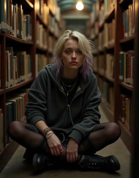 Inside the back corner of an old independent bookstore, lit only by warm table lamps and dusty skylight haze, a beautiful blonde American emo woman sits cross-legged between rows of tightly packed shelves. Sheâs dressed in an oversized charcoal-gray hoodie layered over a netted black undershirt, with one sleeve pushed up to reveal mismatched bracelets and inked doodles on her wrist. Her lower half is wrapped in a black denim miniskirt over laddered black-and-white striped tights, ending in chunky lace-up boots with silver hardware. Her blonde hair with lavender dip-dyed ends falls in subtle waves over one eye, parted messily with sharp layered bangs. A stack of zines and used poetry books rests beside her, one open in her lap, her chipped black nails lazily turning the page.
Shot on a Nikon FM2 using Cinestill 800T film, the image captures the mood of solitude and quiet intimacy. The bookshelves tower over her in soft blur, framing her like cathedral walls. Dust in the air catches the glow of a single vintage bulb nearby, creating golden highlights on her cheekbone and a tiny glare in her eye. The corners of the image fade slightly, with a natural vignette and heavy grain enhancing the analog charm. Her expression is dreamy and unfazedâsomewhere between deep thought and mild boredomâperfectly embodying the introspective soul of emo fashion in a peaceful sanctuary of used books and whispered thoughts. <lora:Emo_girls_-_flux-000013:0.8> em0g1rls, em0