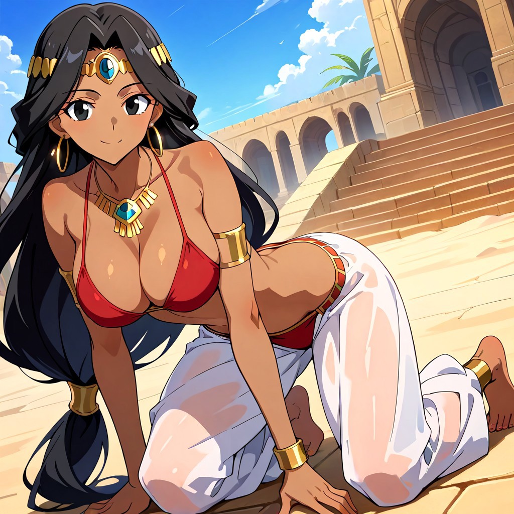 score_9, score_8_up, score_7_up, 1girl, black hair, long hair, black eyes, dark-skinned female, hoop earrings, jewelry, necklace, armlet, bare shoulders, neckline, red bikini, white baggy pants, bare feet, large breasts, blue sky,  looking at viewer, smile, solo, full body