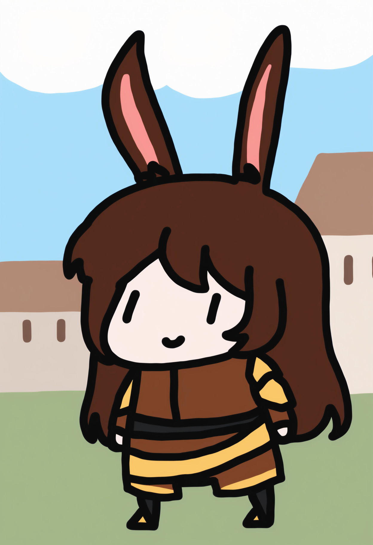 masterpiece, best quality, newest, chibi, full body, solo, 1girl, rabbit girl, smile, standing, long hair, brown hair, bangs, animal ears, | |, brown jacket, cropped jacket, shoulder armor, long sleeves, black bodystocking, brown shorts, loose belt, gold belt, outdoors, blue sky, cloud, fantasy, town, european architecture