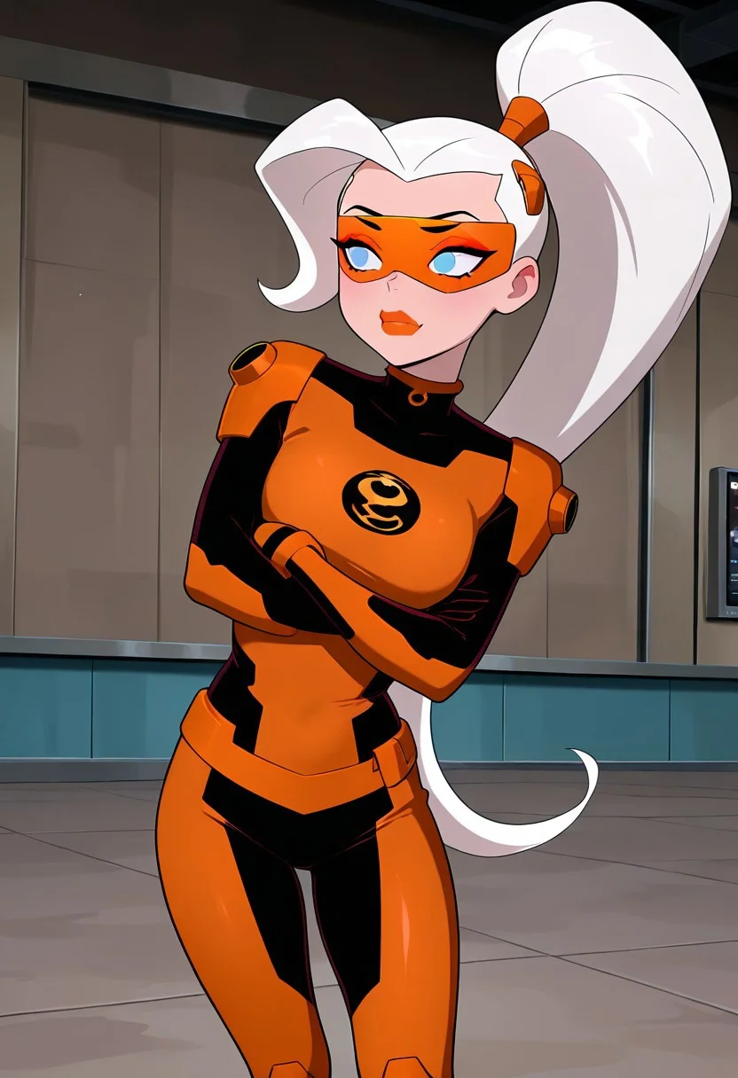 masterpiece, best quality, amazing quality, very aesthetic, absurdres, newest, ((screencap, parody, cartoon))
drewsat, 1girl, long hair, white hair, ponytail, blue eyes, makeup, lipstick, eyeshadow,
armor,, orange bodysuit
expressive face,
crossed arms, leaning to side, mad, orange visor,