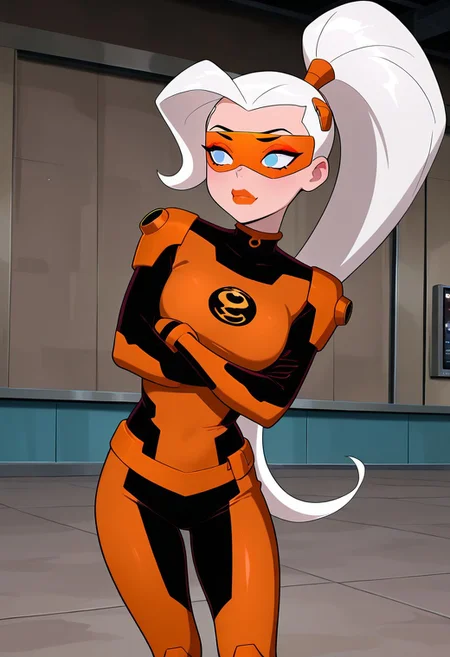 masterpiece, best quality, amazing quality, very aesthetic, absurdres, newest, ((screencap, parody, cartoon))
drewsat, 1girl, long hair, white hair, ponytail, blue eyes, makeup, lipstick, eyeshadow,
armor,, orange bodysuit
expressive face,
crossed arms, leaning to side, mad, orange visor,