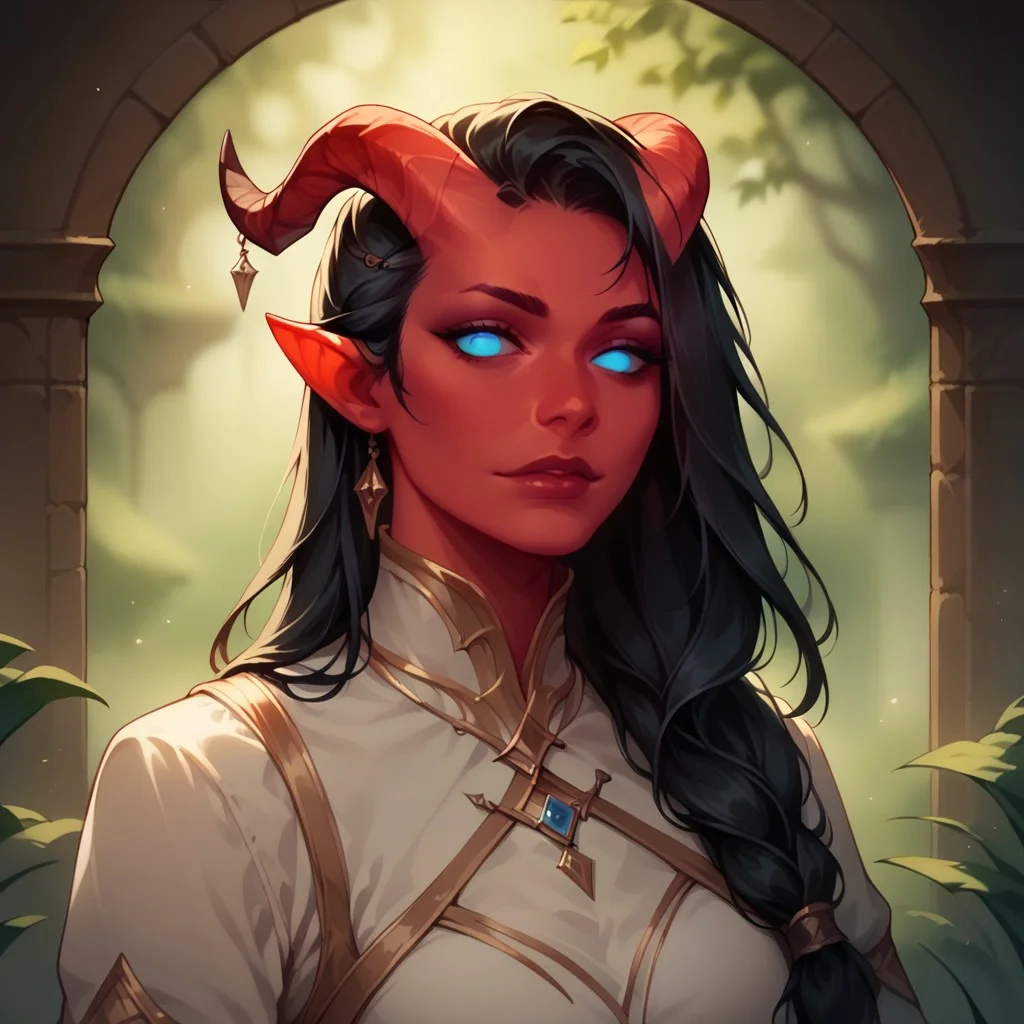 (((detailed, beautiful, high quality))), score_9, score_8_up, score_7_up, upper body, solo,
tiefling, pointed ears, horns, tail, blank eyes, jewelry on horns,
1 girl, red skin, blue eyes, black hair, long hair, white shirt,
looking at the viewer, posing,
fantasy background, blurred background,