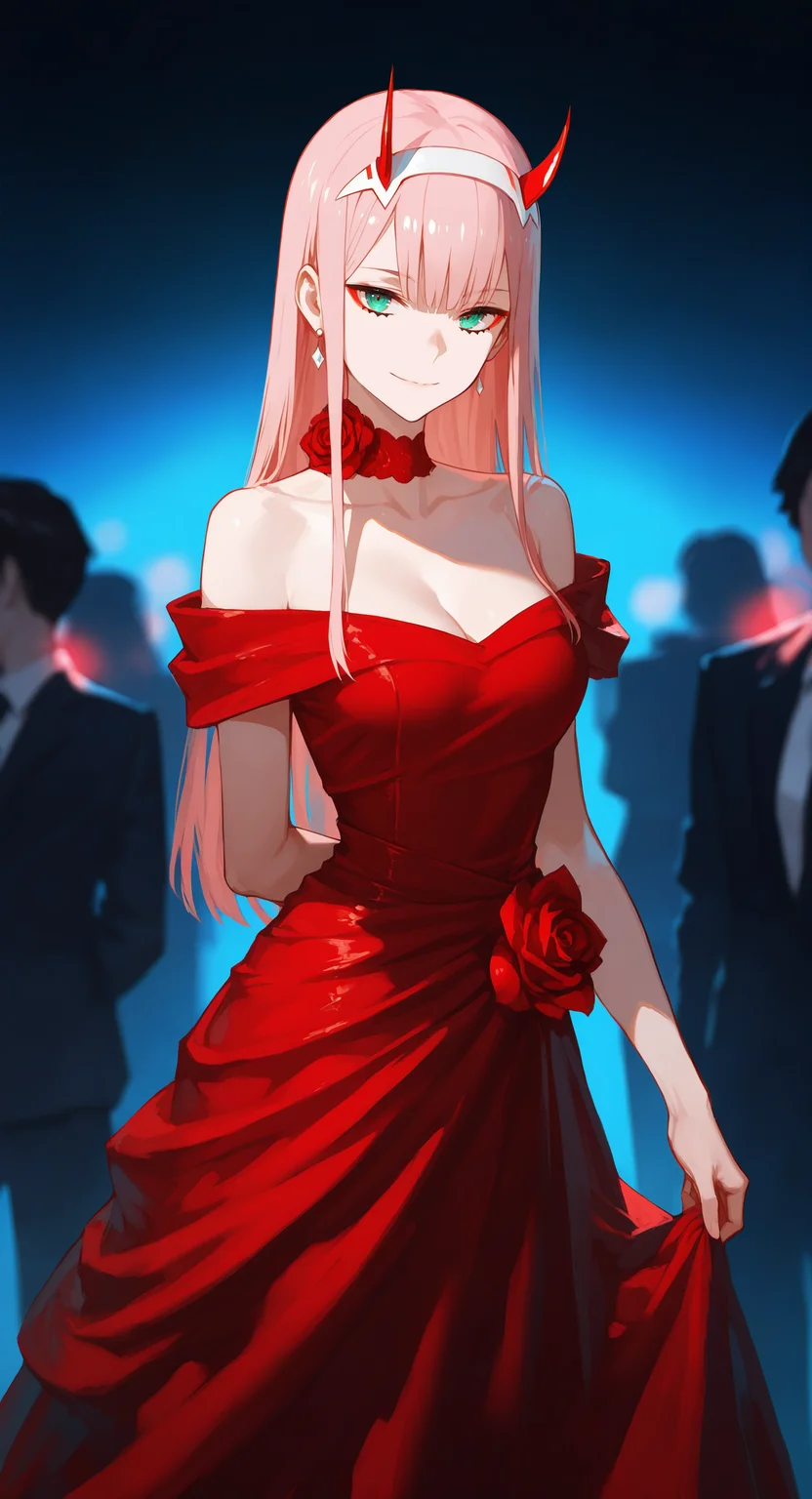 masterpiece, best quality, good quality, very aesthetic, absurdres, newest, zero two \(darling in the franxx\), 1girl, long hair, looking at viewer, smile, dress, closed mouth, cleavage, jewelry, bare shoulders, medium breasts, standing, green eyes, collarbone, pink hair, flower, earrings, hairband, horns, choker, solo focus, off shoulder, aqua eyes, rose, red dress, formal, red flower, straight hair, arm behind back, white hairband, red rose, off-shoulder dress, skirt hold, red choker, red horns, evening gown,
Noble temperament, elegant, Cool And Blue Lighting,
shadowy lighting, cinematic atmosphere, Cinematic Lighting,
Depth Of Field,simple background, <lora:ponyv5_noobV065S_1_adamW-000013:0.7> <lora:USNR_STYLE_XL_lokr:0.5> <lora:EtherSDXL:0.15> <lora:GBF_Illustrious:0.3>