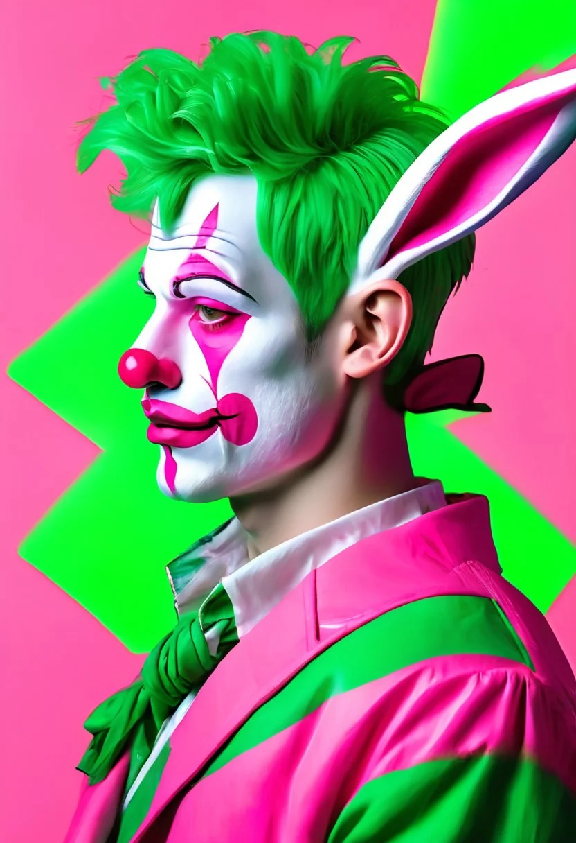 clown makeup, solo, 1boy, (rabbit ears), rabbit, bunny, no humans, male focus, profile, sideways glance,detailed background, green background, neon pink theme,
painting_\(medium\), traditional media, best quality, absurdres, [dynamic pose],cstatuesdxl