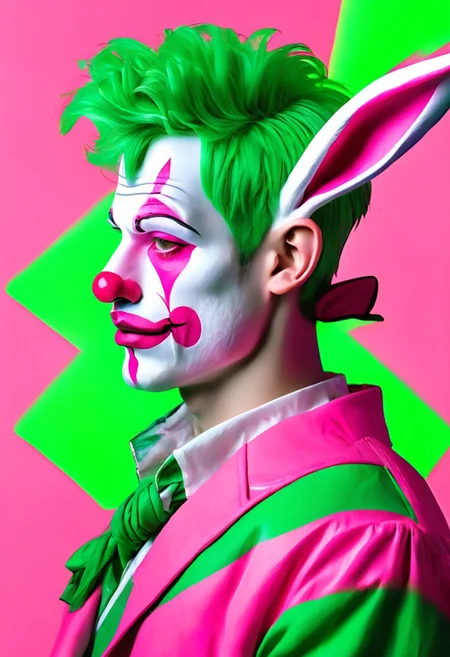 clown makeup, solo, 1boy, (rabbit ears), rabbit, bunny, no humans, male focus, profile, sideways glance,detailed background, green background, neon pink theme,
painting_\(medium\), traditional media, best quality, absurdres, [dynamic pose],cstatuesdxl