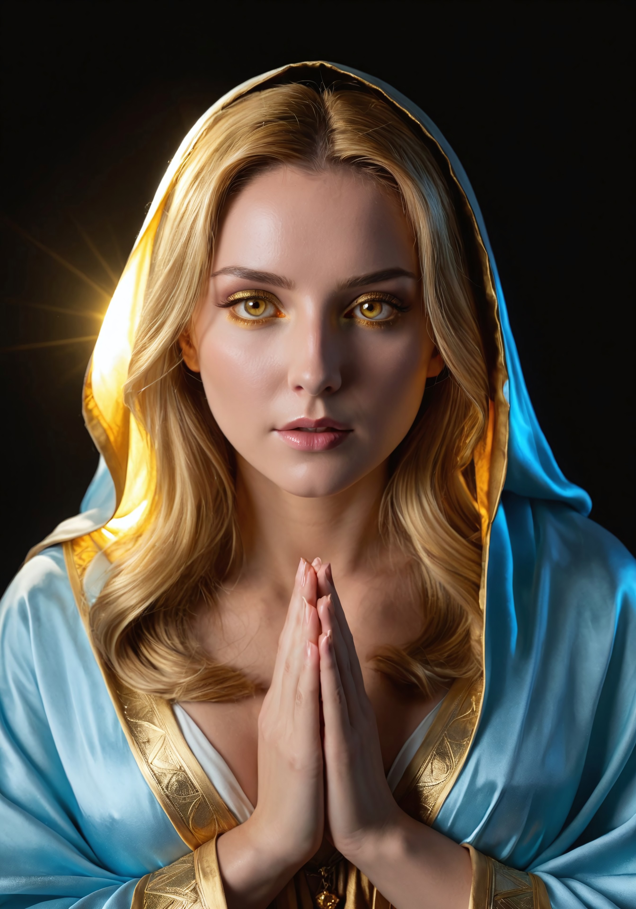 Ultrarealistic, photorealistic, realistic, 8k, HDR, masterpiece.
The black background of the dark room, a lone ray of light falling from above highlights a beautiful woman with pale skin, (glowing golden eyes: 2.0) and golden hair. She wears a sky-blue cloak that conceals her completely, leaving only her face and palms folded in a gesture of prayer.
Close artistic portrait