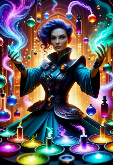 hyper detailed semi realistic 2.5D digital art masterpiece, dynamic, awesome quality, female biowitch, control over quantum particles and reality, robotpunk potion magic myriad of tiny swirling vials filled with liquids of every imaginable color, glowing softly, each vial emits a unique pattern of sparkles or smoke, representing the intricate and varied effects of potion magic, air is filled with a symphony of subtle, enchanting scents, hinting at the powerful transformations contained within each concoction <lora:DonMM4g1cXL_v1.2:0.8> DonMM4g1cXL, <lora:Perfect Hands v2:0.8> Perfect Hands