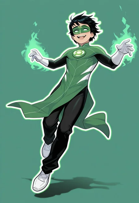masterpiece, absurdres, high quality, perfect anatomy, 1boy, solo, cute boy, male focus, TaiPham, Black Hair, Green Lantern Ring, Green Lantern Costume, Green and Black Bodysuit, Green Domino Mask, White Eyes, White Gloves, Pelvic Curtain, Black Pants, White Shoes, Glowing Green Outline, Green Energy Aura, floating, levitating, big smile, cinematic, intricately detailed illustration, depth of field, masterpiece, best quality, amazing quality, very aesthetic, absurdres, newest, very awa,  shadow, dynamic angle, casual cosplay, dynamic pose, simple background, green theme