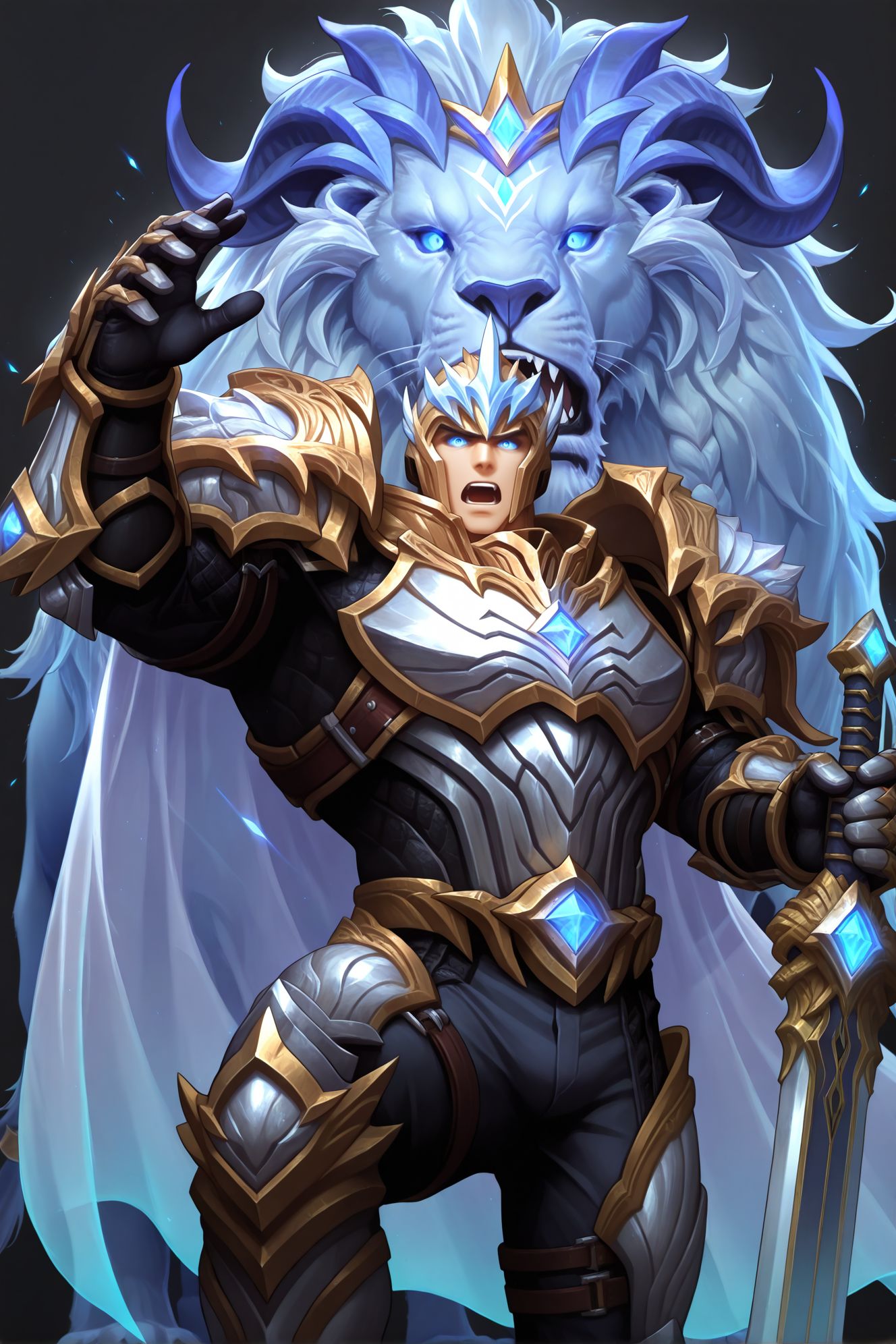 1boy,blue eyes,glowing eyes,muscular male,mature male,bara,upper body BREAK
(masterpiece, best quality, high quality, absurdres, high detail),(1boy,solo,mature male) BREAK
holding sword,dynamic pose,knee up,hand up,open mouth,black background,blue light,
animal,blue lion,transparent lion,lion in background,
god-king_garen,god-king armor,god-king helmet,shoulder armor,gauntlets,transparent cape,armor,cape,helmet,
<lora:hand 5.5:1>,<lora:add-detail-xl:1>,<lora:4k:1>,<lora:god-king__garen:0.8>,<lora:sn0w:1>,, <lora:Expressive:0.8>,