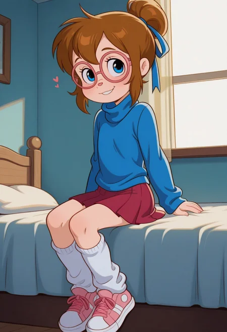 score_9,score_8_up,score_7_up,score_6_up,best quality,masterpiece,
background is bedroom, day, daylight, bed, light blue wallpaper,
((cinematic lighting)), (shading),
BREAK
1girl, solo, Perfect Body, (Perfect Anatomy:1.0), (young), ((cute)), (short), FChipettesF, FChipettesF, FglassesF, brown hair, blue eyes, glasses
blue turtleneck sweater, ((skirt)), loose kneesocks,
sneakers, hair ribbon,
sitting on bed, looking at viewer, coy smile, seductive, teasing, flirting,