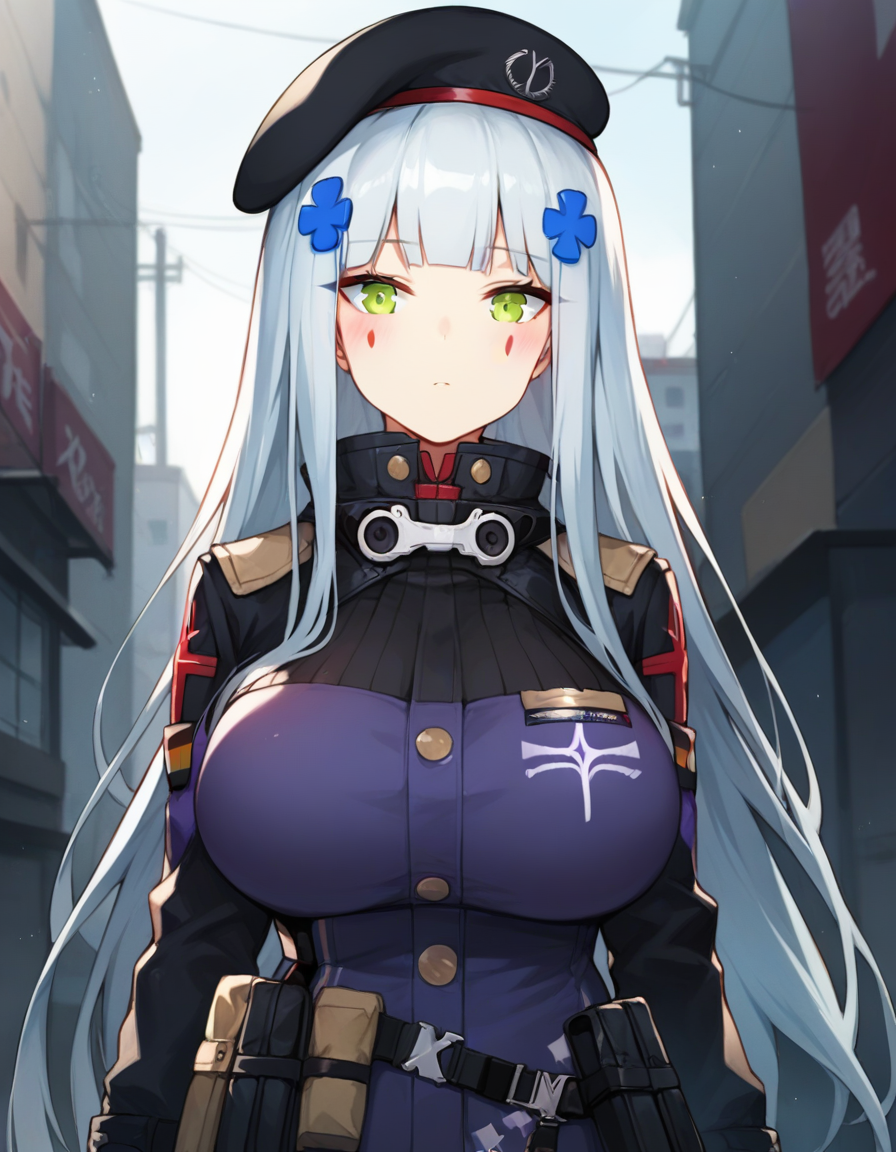 score_9,score_8_up,score_7_up,score_6_up BREAK official art,solo,outdoors,upper body,(portrait:1.5),looking at viewer,facing viewer,expressionless,blush,HK416,hk416 (girls' frontline),hat,beret,black headwear,very long hair,white hair,x hair ornament,sidelocks,blunt bangs,green eyes,facial mark,teardrop,military jacket,purple jacket,clothes writing,uniform,white gloves,long sleeves,german flag,large breasts,skindentation,pouch,miniskirt,black skirt,pleated skirt,plaid skirt,thighs,zettai ryouiki,black thighhighs,thigh holster,black footwear,<lora:HK416(gf)-Pony:1.2>,