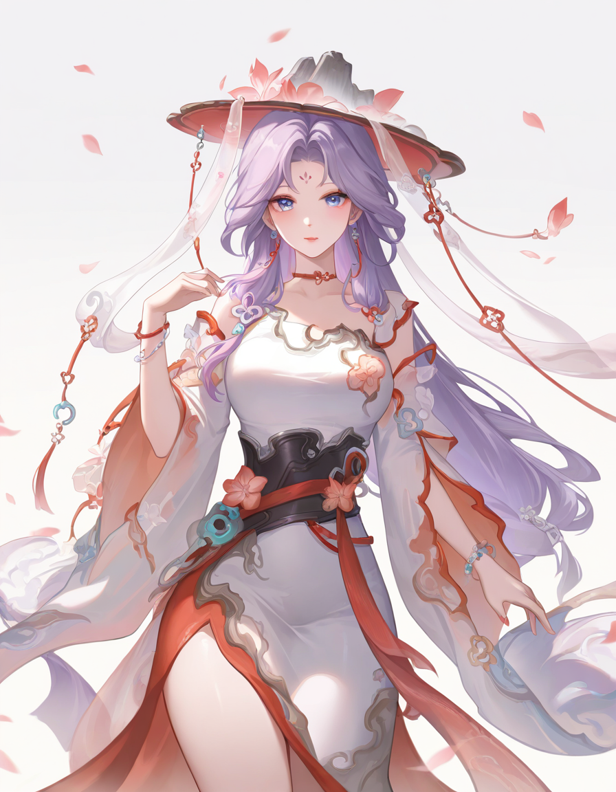 looking at viewer,1girl,solo,white background,simple background,cowboy shot,<lora:yingshanke-000014:1>,yingshanke,forehead mark,, masterpiece, best quality, very aesthetic, absurdres,newest, incredibly absurdres,