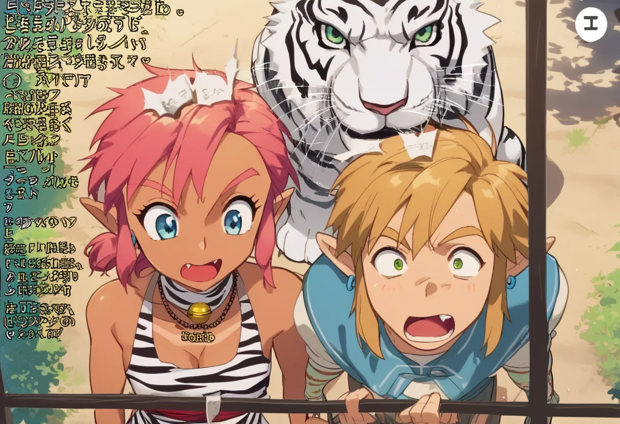 score_9, score_8_up, score_7_up, score_6_up, Masterpiece, source_anime screenshot, duo, 1 girl, 1 boy, vivid colors, full color, shiny and glossy, anime style, high-res, beautiful aesthetic, very intricate, high-quality details, vibrant, highly detailed, award-winning, professional, <lora:pink-ponyxl-v2:1>, 1 girl, single fang showing, sleeveless dress, white tiger print dress, pelvic curtain, cleavage, white cat ears, cat bell necklace, bright pink hair, tanned, white tiger tail, red sash, small breasts, leather shoes, detailed eyes, green eyes, detailed face, break, <lora:link:1> 1boy, link1, link, pointy ears, blonde hair, blue eyes, medium hair, side locks, earrings, short ponytail, blue hylian tunic, break, pink and link shouting, pink and link holding signs high above their heads, front view,