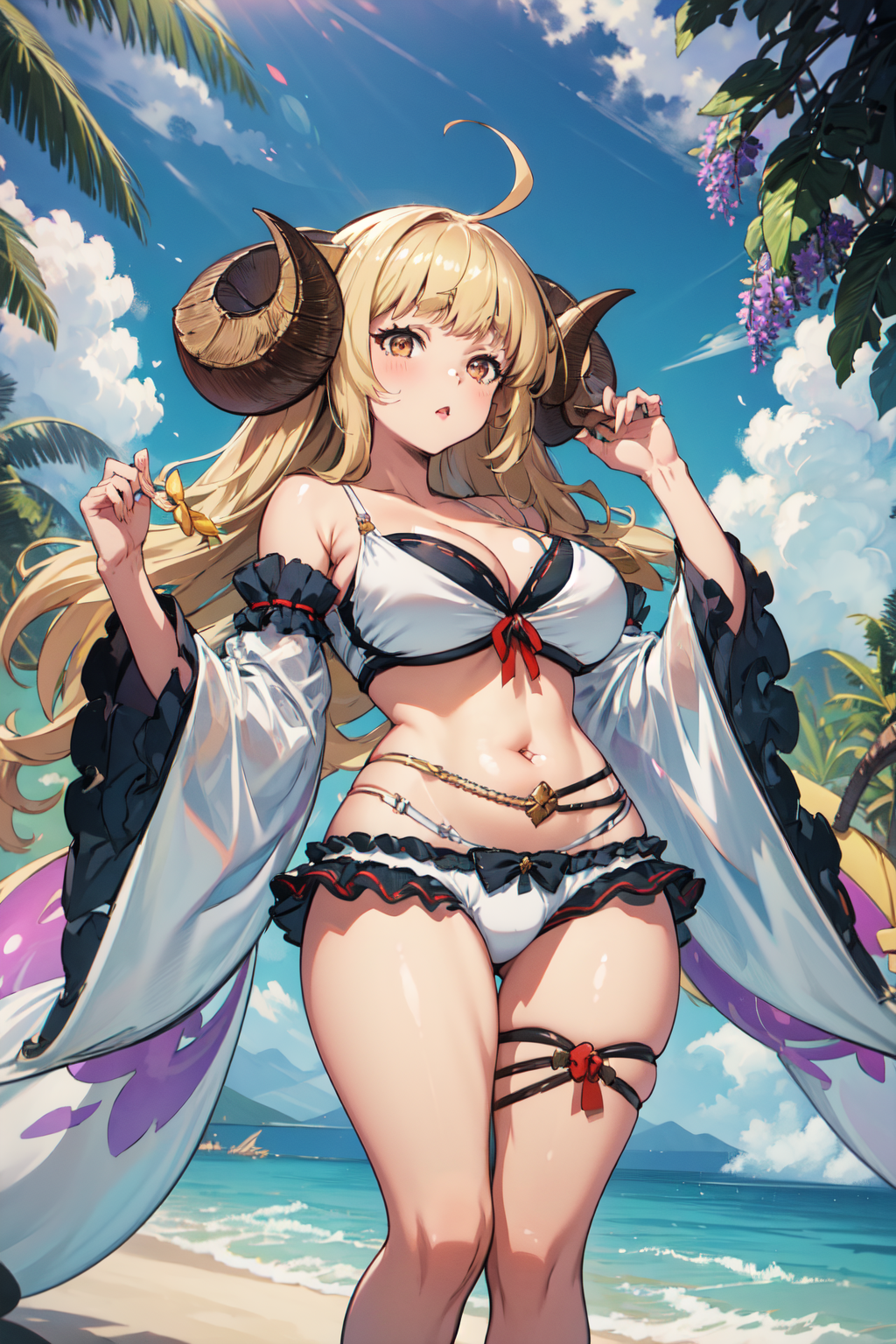 masterpiece, (detailed, highres, best quality), 1girl, <lora:spgbfAnila:1>, anilasu, cleavage, detached sleeves, wide sleeves, white bikini, hair flower, layered bikini, leg ribbon, belly chain, artist name, flower, mini person, minigirl, personification, signature, wisteria