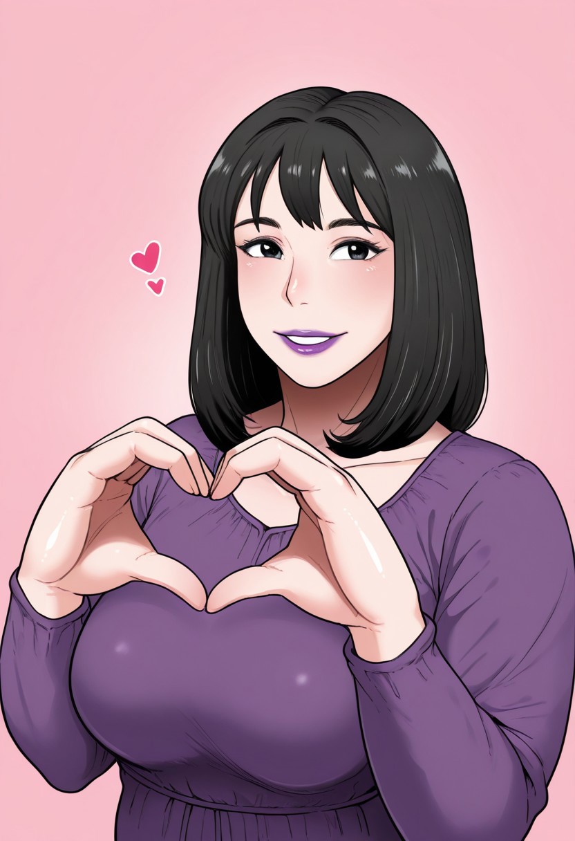 siman, , 1girl, solo, medium build, medium hair, sfw, safe for work, covered skin, flowy dress,  black eyes, purple lipgloss, smiling, portrait, upper body, heart hands, mature female, foreshortening, detailed, newest, shiny skin, cowboy angle, solo focus, medium breasts,
